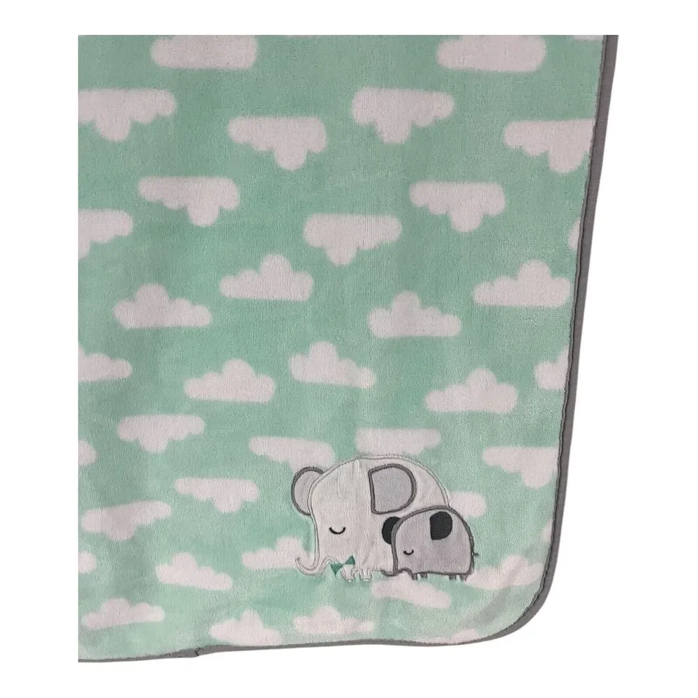 Cloud Island Elephant Baby Blanket Green Grey Trim Clouds Plush Lovey Mom Baby